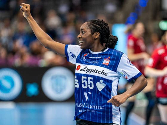 Farelle Njinkeu (HSG Blomberg-Lippe, 55) ballt die Jubelfaust, Thueringer HC vs. HSG Blomberg-Lippe, Handball, DHB Pokal Haushahn Final 4, Spiel um Platz 3, Spielzeit 2025 2026, 15.03.2026 Thueringer HC vs. HSG Blomberg-Lippe, Handball, DHB Pokal Haushahn Final 4, Spiel um Platz 3, Spielzeit 2025 2026, 15.03.2026 Stuttgart Copyright: xMichaelxSchmidt Eibner-Pressefotx EP_MST