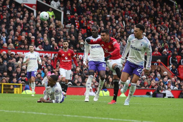 15th March 2026; Old Trafford, Manchester, England; Premier League Football, Manchester United, ManU versus Aston Villa; Casemiro of Manchester United shoots at goal  RogerxEvans Content restricted for UK based newspaper