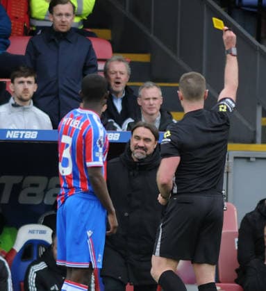 Football - 2025 2026 Premier League - Crystal Palace vs. Leeds United - Selhurst Park - Sunday 15th March 2026 Leeds Manager Daniel Farke is booked by Referee, T Bramall 