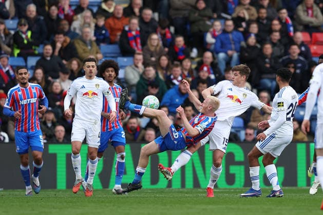 15th March 2026; Selhurst Park, Selhurst, London, England; Premier League Football, Crystal Palace versus Leeds United; Will Hughes of Crystal Palace manages to clear the ball with an overhead kick while being pulled back in a foul by Jaka Bijol of Leeds United  KatiexChan Content restricted for UK based newspaper