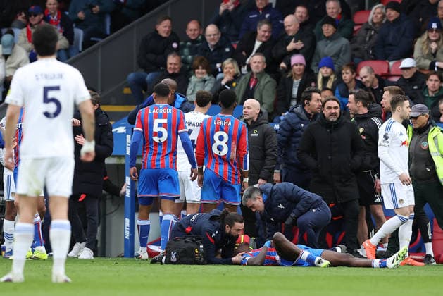 15th March 2026; Selhurst Park, Selhurst, London, England; Premier League Football, Crystal Palace versus Leeds United; Ismaila Sarr of Crystal Palace receiving medical treatment after a foul by Jaka Bijol of Leeds United  KatiexChan Content restricted for UK based newspaper