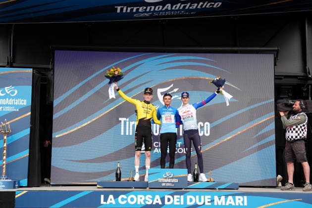 Jorgenson Matteo Of Team Visma Lease A Bike second place, Del Toro Romero Isaac Of Uae Team Emirates Xrgfirst-place winner and Pellizzari Giulio Of Red Bull - Bora - Hansgrohe third place during the 142-kilometer Stage 7 of the Tirreno-Adriatico cycling race from Civitanova Marche to San Benedetto del Tronto - Italy - Sunday, March 15, 2026. - cycling.  Copyright: xMassimoxPaolone LaPressex