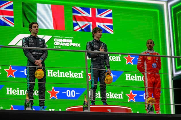 Podium for the Formula 1 Chinese Grand Prix, at the Shanghai International Circuit, March 15, 2026, in China (CHN) Winner: 12 Andrea Kimi Antonelli (ITA) of the Mercedes-AMG PETRONAS Formula One Team (GER) at the wheel of the Mercedes-AMG F1 W17 E Performance Runner-up: 63 George Russell (GBR) Mercedes-AMG PETRONAS Formula One Team (GER) Mercedes-AMG F1 W17 E Performance Third: 44 Lewis Hamilton (GBR) Scuderia Ferrari HP (ITA) Ferrari SF-26 (Photo by Ian Bundey Eurasia Images) Shanghai Shanghai International Circuit China
