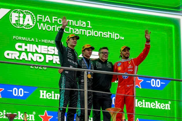 Podium for the Formula 1 Chinese Grand Prix, at the Shanghai International Circuit, March 15, 2026, in China (CHN) Winner: 12 Andrea Kimi Antonelli (ITA) of the Mercedes-AMG PETRONAS Formula One Team (GER) at the wheel of the Mercedes-AMG F1 W17 E Performance Runner-up: 63 George Russell (GBR) Mercedes-AMG PETRONAS Formula One Team (GER) Mercedes-AMG F1 W17 E Performance Third: 44 Lewis Hamilton (GBR) Scuderia Ferrari HP (ITA) Ferrari SF-26 (Photo by Ian Bundey Eurasia Images) Shanghai Shanghai International Circuit China