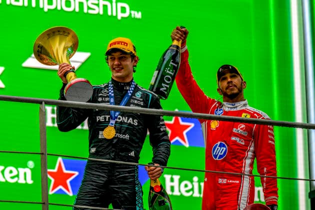 Podium for the Formula 1 Chinese Grand Prix, at the Shanghai International Circuit, March 15, 2026, in China (CHN) Winner: 12 Andrea Kimi Antonelli (ITA) of the Mercedes-AMG PETRONAS Formula One Team (GER) at the wheel of the Mercedes-AMG F1 W17 E Performance Third: 44 Lewis Hamilton (GBR) Scuderia Ferrari HP (ITA) Ferrari SF-26 (Photo by Ian Bundey Eurasia Images) Shanghai Shanghai International Circuit China