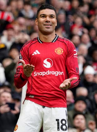 Manchester, England, 15th March 2026. Casemiro of Manchester United, ManU celebrates scoring the first goal during the Manchester United vs Aston Villa Premier League match at Old Trafford, Manchester. Picture credit should read: Andrew Yates Sportimage EDITORIAL USE ONLY. No use with unauthorised audio, video, data, fixture lists, club league logos or live services. Online in-match use limited to 120 images, no video emulation. No use in betting, games or single club league player publications. SPI_044_AY_Man_Utd_Villa SPI-4605-0044
