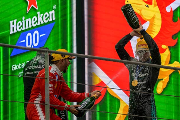 Podium for the Formula 1 Chinese Grand Prix, at the Shanghai International Circuit, March 15, 2026, in China (CHN) Winner: 12 Andrea Kimi Antonelli (ITA) of the Mercedes-AMG PETRONAS Formula One Team (GER) at the wheel of the Mercedes-AMG F1 W17 E Performance Runner-up: 63 George Russell (GBR) Mercedes-AMG PETRONAS Formula One Team (GER) Mercedes-AMG F1 W17 E Performance Third: 44 Lewis Hamilton (GBR) Scuderia Ferrari HP (ITA) Ferrari SF-26 (Photo by Ian Bundey Eurasia Images) Shanghai Shanghai International Circuit China