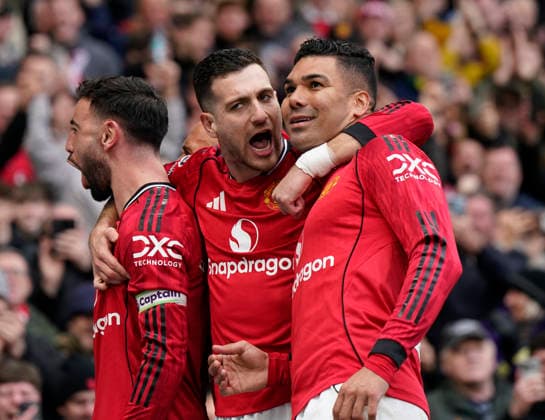 Manchester, England, 15th March 2026. Casemiro of Manchester United, ManU celebrates scoring the first goal during the Manchester United vs Aston Villa Premier League match at Old Trafford, Manchester. Picture credit should read: Andrew Yates Sportimage EDITORIAL USE ONLY. No use with unauthorised audio, video, data, fixture lists, club league logos or live services. Online in-match use limited to 120 images, no video emulation. No use in betting, games or single club league player publications. SPI_053_AY_Man_Utd_Villa SPI-4605-0053