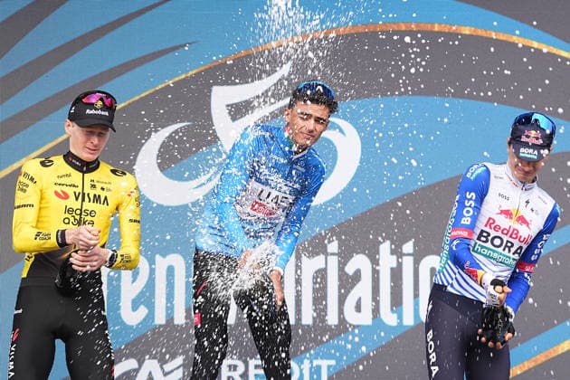 Jorgenson Matteo Of Team Visma Lease A Bike second place, Del Toro Romero Isaac Of Uae Team Emirates Xrgfirst-place winner and Pellizzari Giulio Of Red Bull - Bora - Hansgrohe third place during the during the 142-kilometer Stage 7 of the Tirreno-Adriatico cycling race from Civitanova Marche to San Benedetto del Tronto - Italy,- Sunday , March 15, 2026. - cycling .  Copyright: xMarcoxAlpozzix
