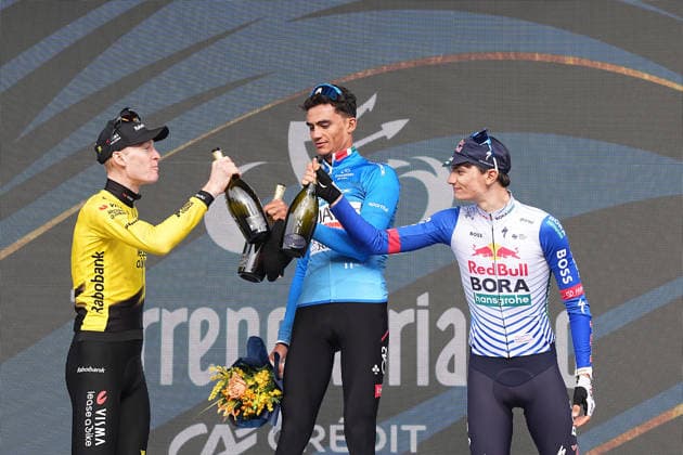 Jorgenson Matteo Of Team Visma Lease A Bike second place, Del Toro Romero Isaac Of Uae Team Emirates Xrgfirst-place winner and Pellizzari Giulio Of Red Bull - Bora - Hansgrohe third place during the during the 142-kilometer Stage 7 of the Tirreno-Adriatico cycling race from Civitanova Marche to San Benedetto del Tronto - Italy,- Sunday , March 15, 2026. - cycling .  Copyright: xMarcoxAlpozzix