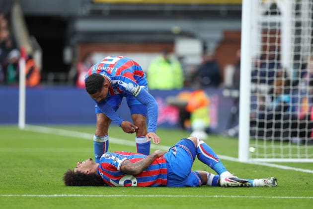 15th March 2026; Selhurst Park, Selhurst, London, England; Premier League Football, Crystal Palace versus Leeds United; Maxence Lacroix of Crystal Palace checks on Chris Richards who requires treatment to the displeasure of Leeds fans  KatiexChan Content restricted for UK based newspaper