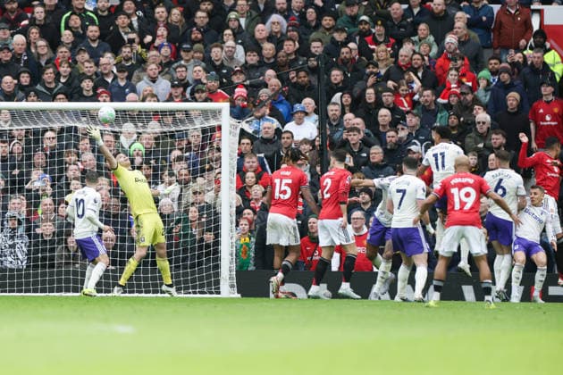 15th March 2026; Old Trafford, Manchester, England; Premier League Football, Manchester United, ManU versus Aston Villa; Casemiro of Manchester United rises to beat Goalkeeper Emiliano Martinez of Aston Villa for 1-0 in the 53rd minute  RogerxEvans Content restricted for UK based newspaper