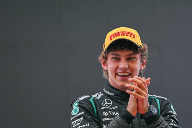 F1 Chinese Grand Prix 2026 SHANGHAI, CHINA - MARCH 15: Kimi Antonelli of Mercedes-AMG Petronas Formula One Team during the podium ceremony after winning the 2026 Chinese Grand Prix, his first career Formula 1 victory, at the Shanghai International Circuit, in Shanghai, China, on March 15, 2026. Shanghai China  Copyright: xArturxWidakx originalFilename:widak-f1chines260315_npbwG.jpg