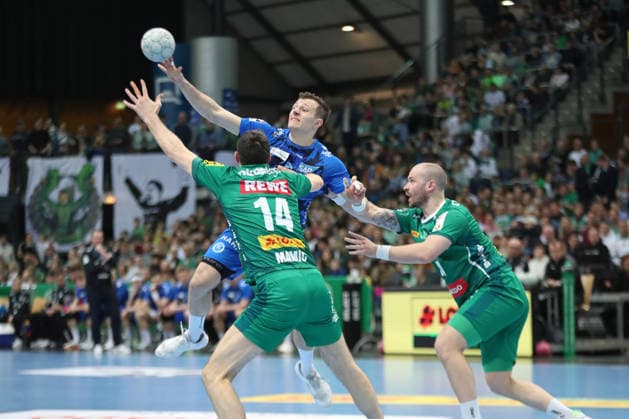 Handball DAIKIN HBL, SC DHfK Leipzig - TVB Stuttgart; 15.03.2026 Marco Mengon (30, TVB Stuttgart). Handball, DAIKIN HBL, 1. Bundesliga, Saison 2025 2026, 25. Spieltag: SC DHfK Leipzig vs. TVB Stuttgart am 15.03.2026 in der Quarterback Immobilien Arena Leipzig. Copyright: xBEAUTIFULxSPORTS JanxKaeferx