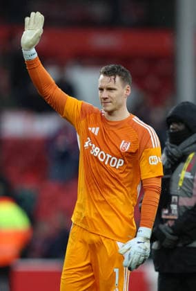 Nottingham, England, 15th March 2026. Bernd Leno of Fulham claps the fans during the Nottingham Forest vs Fulham Premier League match at the City Ground, Nottingham. Picture credit should read: Gareth Evans Sportimage EDITORIAL USE ONLY. No use with unauthorised audio, video, data, fixture lists, club league logos or live services. Online in-match use limited to 120 images, no video emulation. No use in betting, games or single club league player publications. SPI_031_GE_NFFC_vs_FFC SPI-4604-0032