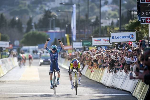 French Lenny Martinez of Bahrain Victorious celebrates as he crosses the finish line to win the final stage of 84th edition of the Paris-Nice cycling race, a race from Nice to Nice (129,2 km), on Sunday 15 March 2026. DAVIDxPINTENS  x167577067x