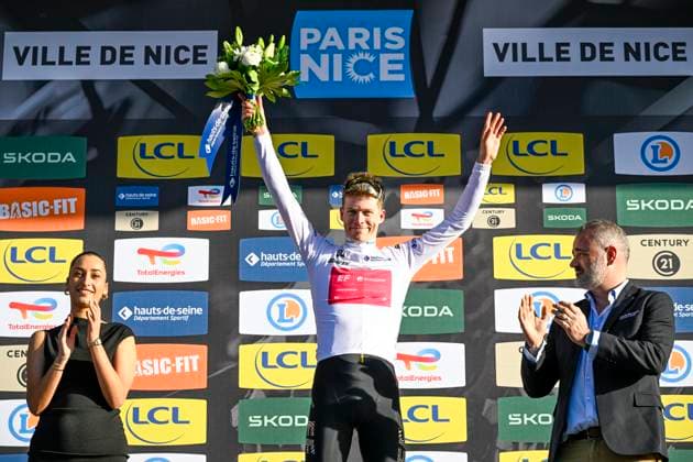 Paris Nice 2026 Stage 8 NICE, FRANCE - MARCH 15 : Steinhauser Georg (GER) of EF Education EasyPost on the podium with the white jersey during stage 8 of the 84th edition of Paris - Nice an UCI World Tour 2.UWT cycling road race stage for Men Elite of 145 km with start in Nice and finish in Nice on March 15, 2026 in Nice, France, 15 03 2026 ( Motordriver Guy De Vuyst - Nice France  Copyright: xNicoxVereeckenx