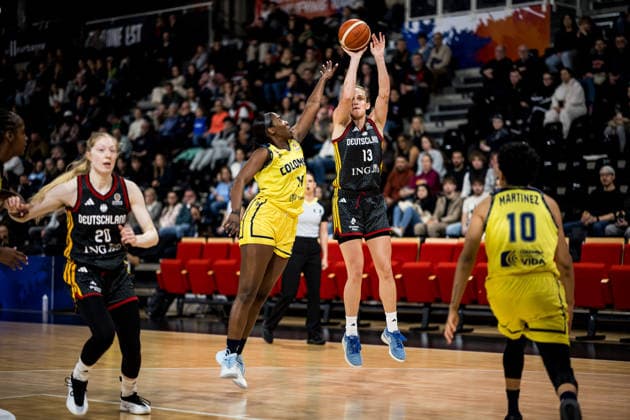 LYON-VILLEURBANNE, FRANCE - MARCH 15: Leonie Fiebich (Germany, 13) shoots a three pointer over Daniela Gonzalez (Colombia, 19) during the FIBA Women™s World Cup Qualifying Tournament match between Colombia (COL) vs. Germany (GER) at Astroballe on matchday 4 of the FIBA Women™s World Cup Qualifying Tournament on March 15, 2026 in Lyon-Villeurbanne, France. France Copyright: xSteffiexWunderlx