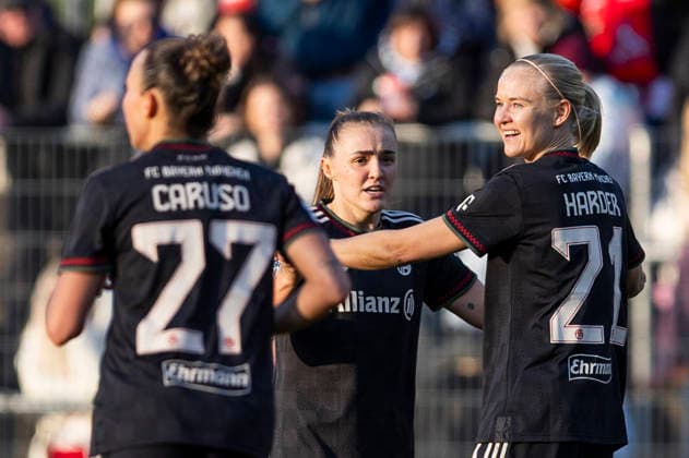 Google Pixel Frauen-Bundesliga: 1. FC Köln - FC Bayern München; 15.03.2026 Jubel bei Georgia Stanway (FC Bayern München, 31) und Pernille Harder (FC Bayern München, 21) nach dem zweiten Tor am 20. Spieltag der Google Pixel Frauen-Bundesliga im Spiel des 1. FC Köln gegen den FC Bayern München am 15.03.2026 im Franz-Kremer-Stadion in Köln, Deutschland. Copyright: xBEAUTIFULxSPORTS Meuselx