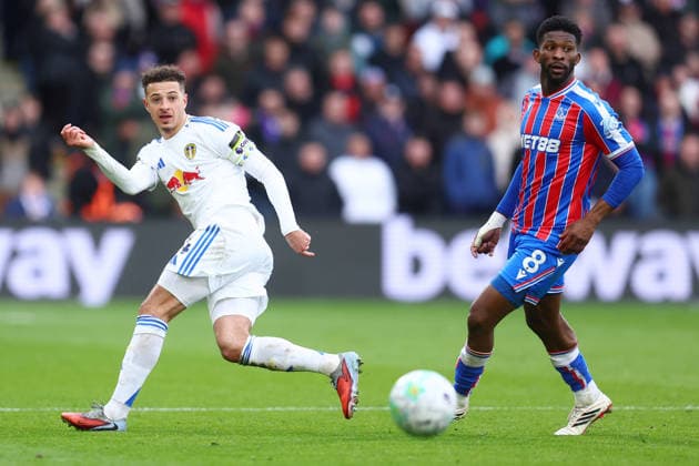 London, England, 15th March 2026. Ethan Ampadu of Leeds United and Jefferson Lerma of Crystal Palace challenge for the ball during the Crystal Palace vs Leeds United Premier League match at Selhurst Park, London. Picture credit should read: Paul Terry Sportimage EDITORIAL USE ONLY. No use with unauthorised audio, video, data, fixture lists, club league logos or live services. Online in-match use limited to 120 images, no video emulation. No use in betting, games or single club league player publications. SPI_042_PT_Crystal_Palace_Leeds SPI-4603-0042