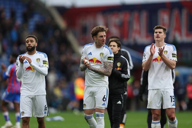 15th March 2026; Selhurst Park, Selhurst, London, England; Premier League Football, Crystal Palace versus Leeds United; Jayden Bogle, Joe Rodon and Jaka Bijol of Leeds United thanking the fans after the match  KatiexChan Content restricted for UK based newspaper