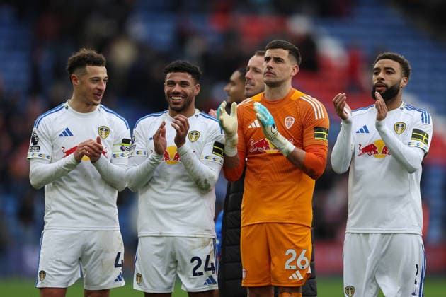 15th March 2026; Selhurst Park, Selhurst, London, England; Premier League Football, Crystal Palace versus Leeds United; Ethan Ampadu, James Justin, Karl Darlow and Jayden Bogle of Leeds United thanking the fans after the match  KatiexChan Content restricted for UK based newspaper