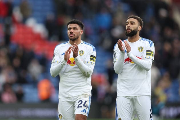 15th March 2026; Selhurst Park, Selhurst, London, England; Premier League Football, Crystal Palace versus Leeds United; James Justin and Jayden Bogle of Leeds United thanking the fans after the match  KatiexChan Content restricted for UK based newspaper