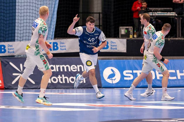 15.03.2026, Handball, HBL, Bergischer HC - SC Magdeburg, Mitsubishi Electric HALLE Düsseldorf: Aron Seesing (BHC 49) jubelnd Nordrhein-Westfalen Deutschland