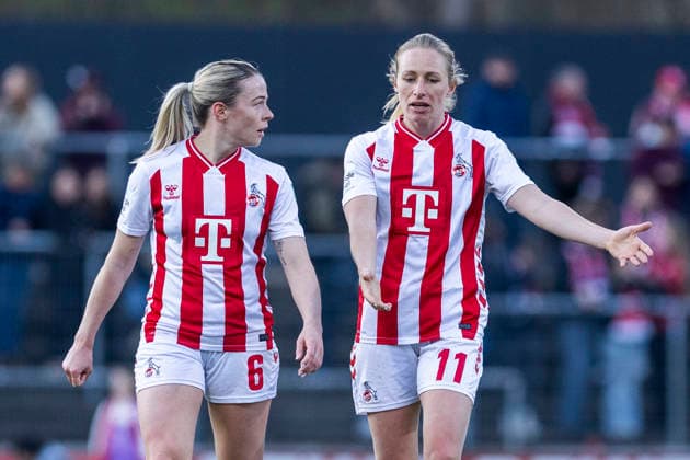 Google Pixel Frauen-Bundesliga: 1. FC Köln - FC Bayern München; 15.03.2026 Sandra Maria Jessen (1. FC Köln, 6), Pauline Bremer (1. FC Köln, 11) am 20. Spieltag der Google Pixel Frauen-Bundesliga im Spiel des 1. FC Köln gegen den FC Bayern München am 15.03.2026 im Franz-Kremer-Stadion in Köln, Deutschland. Copyright: xBEAUTIFULxSPORTS Meuselx