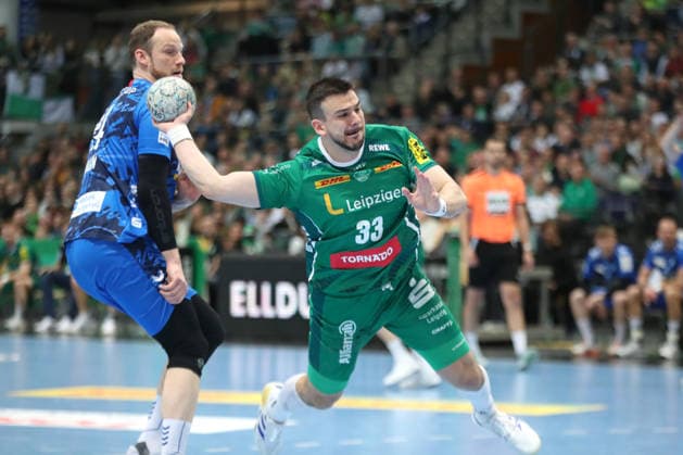Handball DAIKIN HBL, SC DHfK Leipzig - TVB Stuttgart; 15.03.2026 Luka Rogan (33, SC DHfK Leipzig) wirft. Handball, DAIKIN HBL, 1. Bundesliga, Saison 2025 2026, 25. Spieltag: SC DHfK Leipzig vs. TVB Stuttgart am 15.03.2026 in der Quarterback Immobilien Arena Leipzig. Copyright: xBEAUTIFULxSPORTS JanxKaeferx