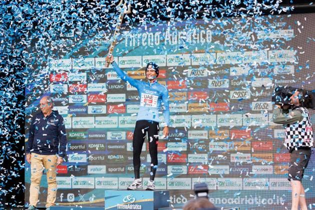 CICLISMO - Tirreno Adriatico - Stage 7 - Civitanova Marche - San Benedetto del Tronto Isaac Del Toro of Mexico and UAE Team Emirates - XRG celebrates at podium as Blue Leader Jersey winner with the Trident Race Trophy during the 61st Tirreno-Adriatico 2026, Stage 7 a 142km stage from Civitanova Marche to San Benedetto del Tronto UCIWT on March 15, 2026 in San Benedetto del Tronto, Italy. Photo: Cinzia Camela. San Benedetto del Tronto Italy  Copyright: xIPAxSport ABACAx