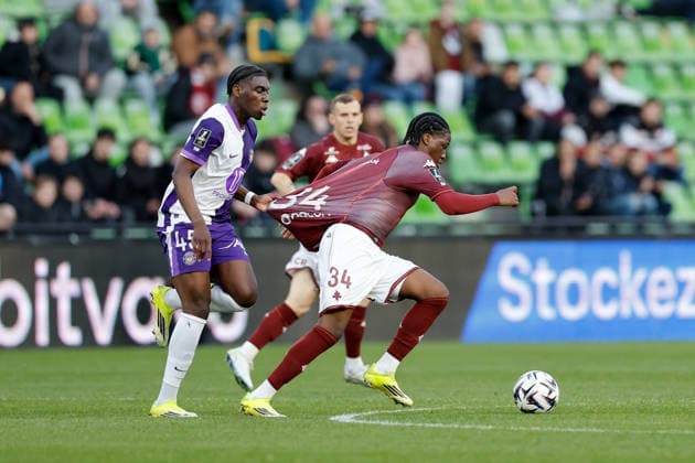 FC Metz v Toulouse FC - Ligue 1 McDonald s 2025 2026 45 Alexis VOSSAH (tfc) - 34 Nathan MBALA (fcm) during the Ligue 1 McDonald s match between Metz and Toulouse at Stade Saint-Symphorien on March 15, 2026 in Metz, France. Metz France  Copyright: xFEPx 776348322