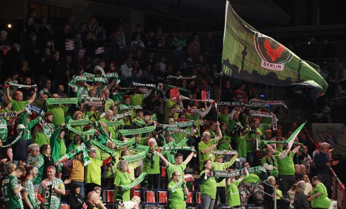 Fans der Füchse Berlin, Fanblock Handball HBL Bundesliga Herren 25. Spieltag Saison 2025 2026 15.03.2026 Füchse Berlin vs. HC Erlangen HCE