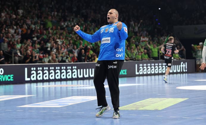 Torwart Dejan Milosavljev jubelt nach Parade Freude Emotion Jubel Handball HBL Bundesliga Herren 25. Spieltag Saison 2025 2026 15.03.2026 Füchse Berlin vs. HC Erlangen HCE
