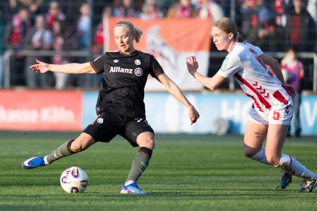 Pernille Harder 21 (FC Bayern Muenchen) erzielt das Tor zum 0:2, 1. FC Koeln Frauen vs. FC Bayern Muenchen Frauen, Fussball, Google Pixel Frauen-Bundesliga, 20. Spieltag, 2025 2026, 15.03.2026 DFB regulations prohibit any use of photographs as image sequences and or quasi-video Koeln Nordrhein-Westfalen Deutschland