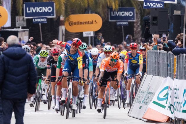 CICLISMO - Tirreno Adriatico - Stage 7 - Civitanova Marche - San Benedetto del Tronto Jonathan Milan of Italy and Team Lidl - Trek celebrates at finish line as stage winner ahead of Laurenz Rex of Belgium and Team Soudal Quick-Step and Sam Welsford of Australia and Team INEOS Grenadiers during the 61st Tirreno-Adriatico 2026, Stage 7 a 142km stage from Civitanova Marche to San Benedetto del Tronto UCIWT on March 15, 2026 in San Benedetto del Tronto, Italy. Photo: Cinzia Camela. San Benedetto del Tronto Italy  Copyright: xIPAxSport ABACAx