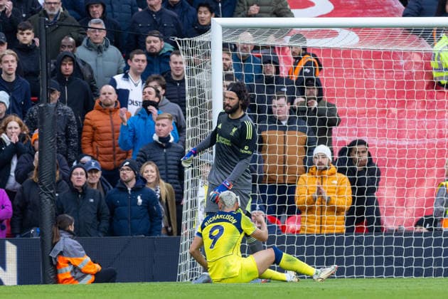 Football - FA Premier League - Liverpool FC v Tottenham Hotspur FC LIVERPOOL, ENGLAND - Sunday, March 15, 2026: Liverpool s goalkeeper Alisson Becker reacts to making a save during the FA Premier League match between Liverpool FC and Tottenham Hotspur FC at Anfield. (Photo by David Rawcliffe Propaganda) LIVERPOOL Anfield MERSEYSIDE ENGLAND  Copyright: xDavidxRawcliffex P2026-03-15-Liverpool_Tottenham-70