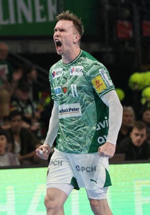 Lasse Andersson jubelt nach Torerfolg Freude Emotion Jubel Handball HBL Bundesliga Herren 25. Spieltag Saison 2025 2026 15.03.2026 Füchse Berlin vs. HC Erlangen HCE