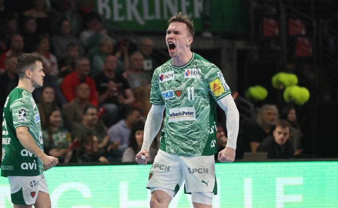 Lasse Andersson jubelt nach Torerfolg Freude Emotion Jubel Handball HBL Bundesliga Herren 25. Spieltag Saison 2025 2026 15.03.2026 Füchse Berlin vs. HC Erlangen HCE