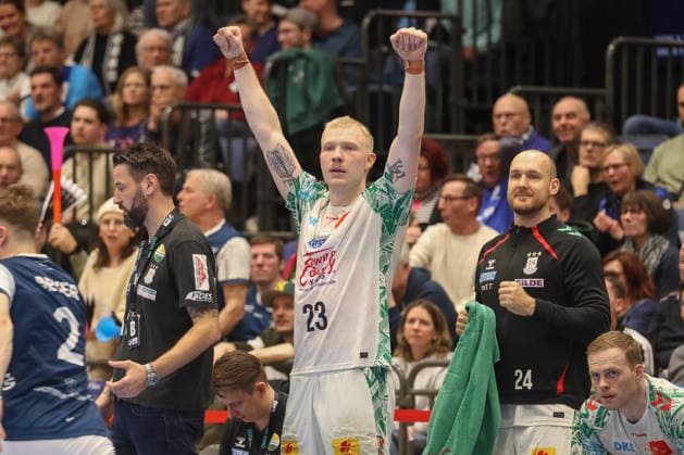 15.03.2026, xgox, Handball - Daikin HBL Bergischer HC - SC Magdeburg emspor, v.l. Magnus Saugstrup (Magdeburg, 23) Jubel, Torjubel, jubelt ueber das Tor, celebrate the goal, celebration Duesseldorf