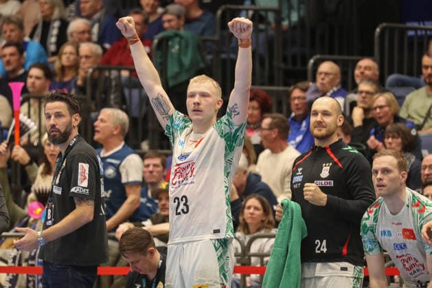 15.03.2026, xgox, Handball - Daikin HBL Bergischer HC - SC Magdeburg emspor, v.l. Magnus Saugstrup (Magdeburg, 23) Jubel, Torjubel, jubelt ueber das Tor, celebrate the goal, celebration Duesseldorf