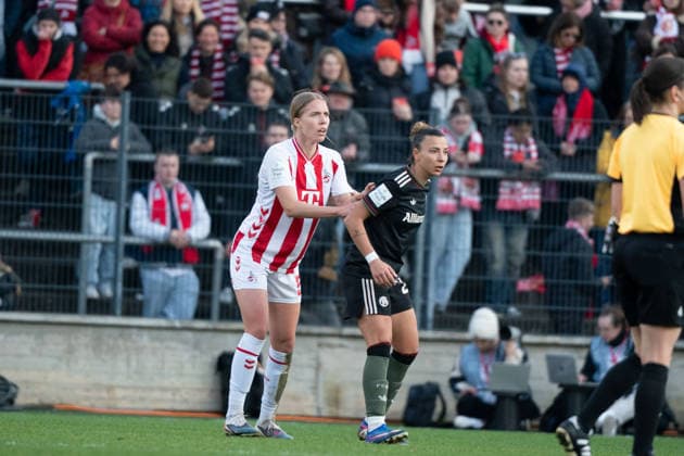 COLOGNE, GERMANY - MARCH 15: Celina Degen (5 1. FC Köln) and Arianna Caruso (27 FC Bayern München) during the Google Pixel Frauen-Bundesliga between 1. FC Köln and FC Bayern München at Stadion an der Hafenstraße on March 15, 2026 in Cologne, Germany. ?Photo by Qianru Zhang Press Photo) Copyright: xQianruxZhang SPPx Sportspressphoto_SPR110732