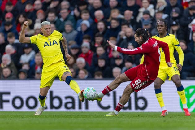 Football - FA Premier League - Liverpool FC v Tottenham Hotspur FC LIVERPOOL, ENGLAND - Sunday, March 15, 2026: Liverpool s Dominik Szoboszlai (R) goes for the ball against Tottenham Hotspur s Richarlison de Andrade during the FA Premier League match between Liverpool FC and Tottenham Hotspur FC at Anfield. (Photo by David Rawcliffe Propaganda) LIVERPOOL Anfield MERSEYSIDE ENGLAND  Copyright: xDavidxRawcliffex P2026-03-15-Liverpool_Tottenham-83