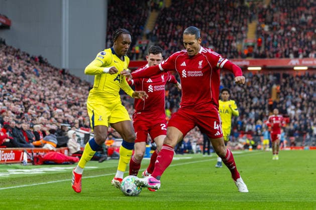 Football - FA Premier League - Liverpool FC v Tottenham Hotspur FC LIVERPOOL, ENGLAND - Sunday, March 15, 2026: Liverpool s captain Virgil van Dijk challenges Tottenham Hotspur s Mathys Tel (L) during the FA Premier League match between Liverpool FC and Tottenham Hotspur FC at Anfield. (Photo by David Rawcliffe Propaganda) LIVERPOOL Anfield MERSEYSIDE ENGLAND  Copyright: xDavidxRawcliffex P2026-03-15-Liverpool_Tottenham-97
