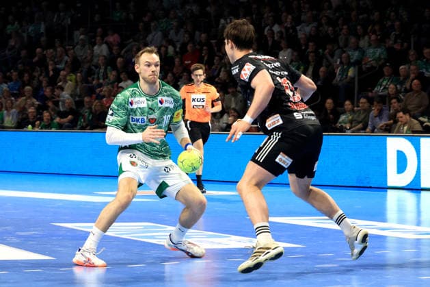 DEU, DHB, 1.HBL, Fuechse Berlin vs.Erlangen, 15.03.2026, Max-Schmeling-Halle, Berlin, DEU, DHB, 1.HBL, Fuechse Berlin vs.Erlangen, im Bild Mathias Gidsel (Fuechse Berlin 19), Florian Scheerer (Erlangen 10)