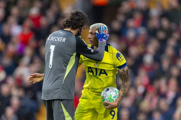 Football - FA Premier League - Liverpool FC v Tottenham Hotspur FC LIVERPOOL, ENGLAND - Sunday, March 15, 2026: Liverpool s goalkeeper Alisson Becker checks on Brazilian team-mate Tottenham Hotspur s Richarlison de Andrade (R) during the FA Premier League match between Liverpool FC and Tottenham Hotspur FC at Anfield. (Photo by David Rawcliffe Propaganda) LIVERPOOL Anfield MERSEYSIDE ENGLAND  Copyright: xDavidxRawcliffex P2026-03-15-Liverpool_Tottenham-106