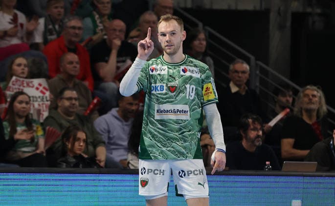 Mathias Gidsel zeigend Aktion Oberkörper Handball HBL Bundesliga Herren 25. Spieltag Saison 2025 2026 15.03.2026 Füchse Berlin vs. HC Erlangen HCE
