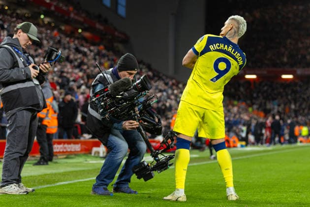 Football - FA Premier League - Liverpool FC v Tottenham Hotspur FC LIVERPOOL, ENGLAND - Sunday, March 15, 2026: Tottenham Hotspur s Richarlison de Andrade celebrates after scoring the first equalising goal during the FA Premier League match between Liverpool FC and Tottenham Hotspur FC at Anfield. (Photo by David Rawcliffe Propaganda) LIVERPOOL Anfield MERSEYSIDE ENGLAND  Copyright: xDavidxRawcliffex P2026-03-15-Liverpool_Tottenham-111