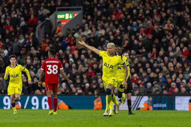 Football - FA Premier League - Liverpool FC v Tottenham Hotspur FC LIVERPOOL, ENGLAND - Sunday, March 15, 2026: Tottenham Hotspur s Richarlison de Andrade celebrates after scoring the first equalising goal during the FA Premier League match between Liverpool FC and Tottenham Hotspur FC at Anfield. (Photo by David Rawcliffe Propaganda) LIVERPOOL Anfield MERSEYSIDE ENGLAND  Copyright: xDavidxRawcliffex P2026-03-15-Liverpool_Tottenham-115