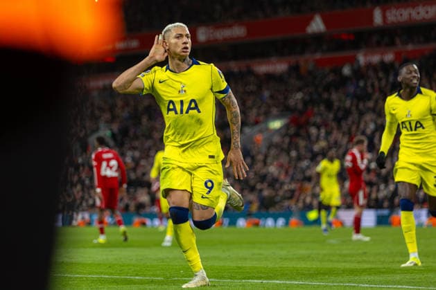 Football - FA Premier League - Liverpool FC v Tottenham Hotspur FC LIVERPOOL, ENGLAND - Sunday, March 15, 2026: Tottenham Hotspur s Richarlison de Andrade celebrates after scoring the first equalising goal during the FA Premier League match between Liverpool FC and Tottenham Hotspur FC at Anfield. (Photo by David Rawcliffe Propaganda) LIVERPOOL Anfield MERSEYSIDE ENGLAND  Copyright: xDavidxRawcliffex P2026-03-15-Liverpool_Tottenham-116